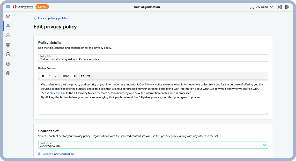 Screenshots of Codeweavers’ self-serve solution  showing how privacy policies can be customised and updated.