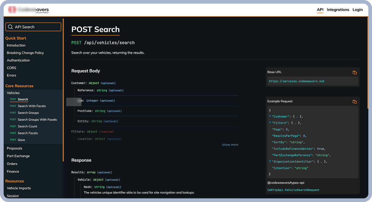 Screenshot of Codeweavers’ API documentation showing the POST vehicle search endpoint, including request body, response format, and example code.