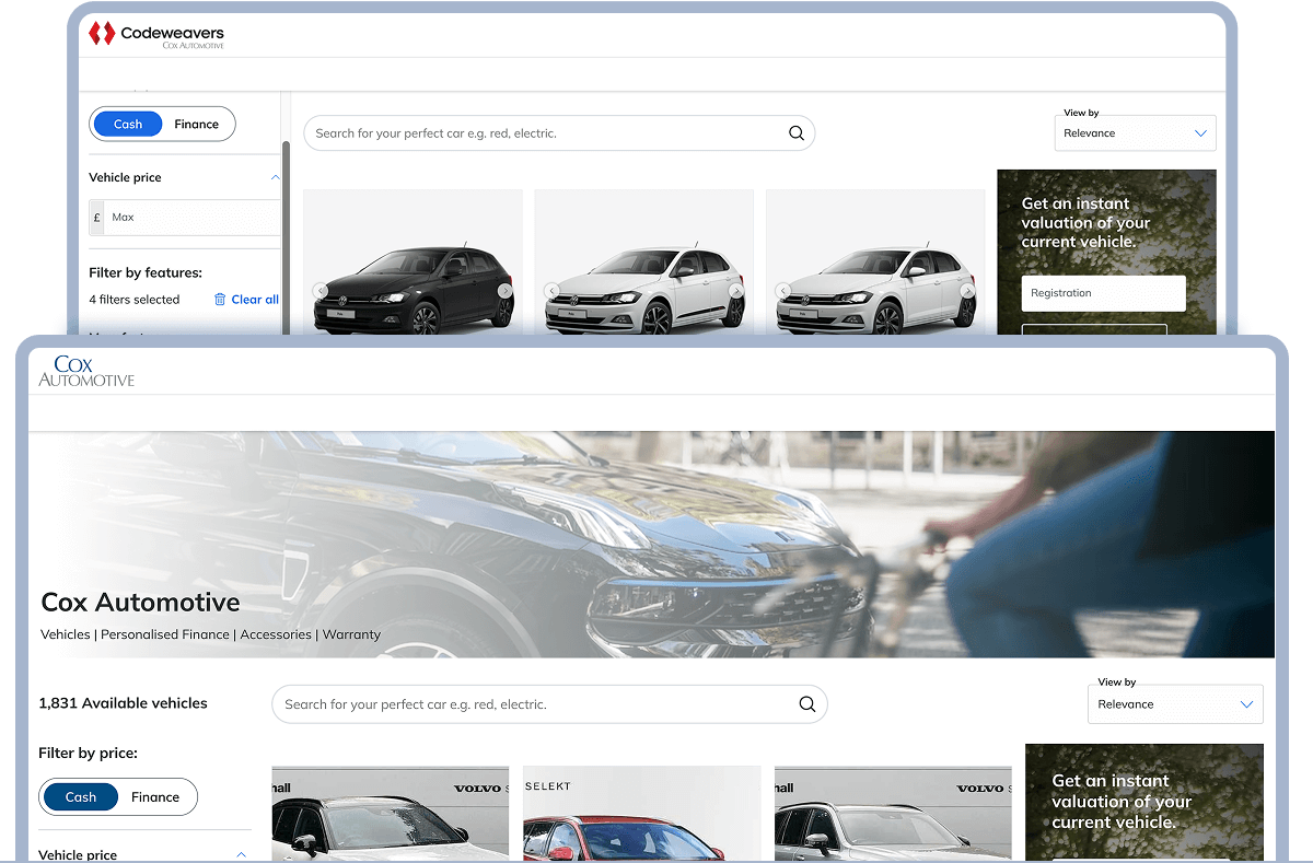 Side-by-side screenshots of two retailer storefronts, showing car listings, filters for price and features, search bars, and vehicle valuation prompts with customised branding.