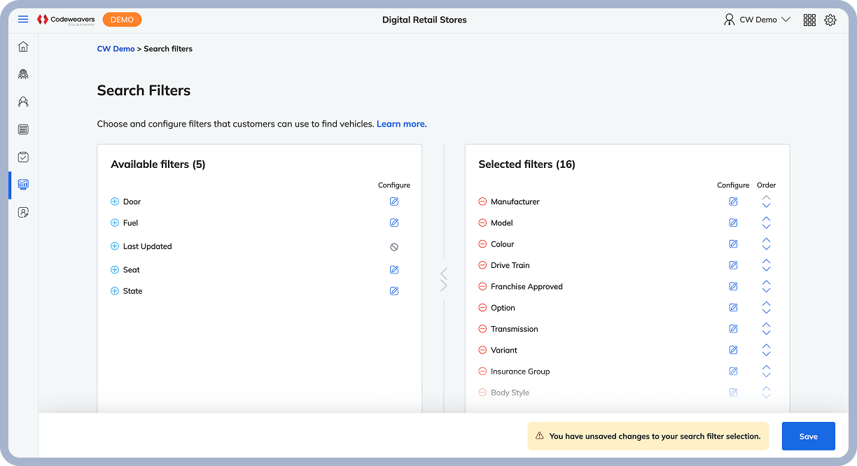 Codeweavers’ digital store management solution showing how retailers have the ability to customise their search filters.