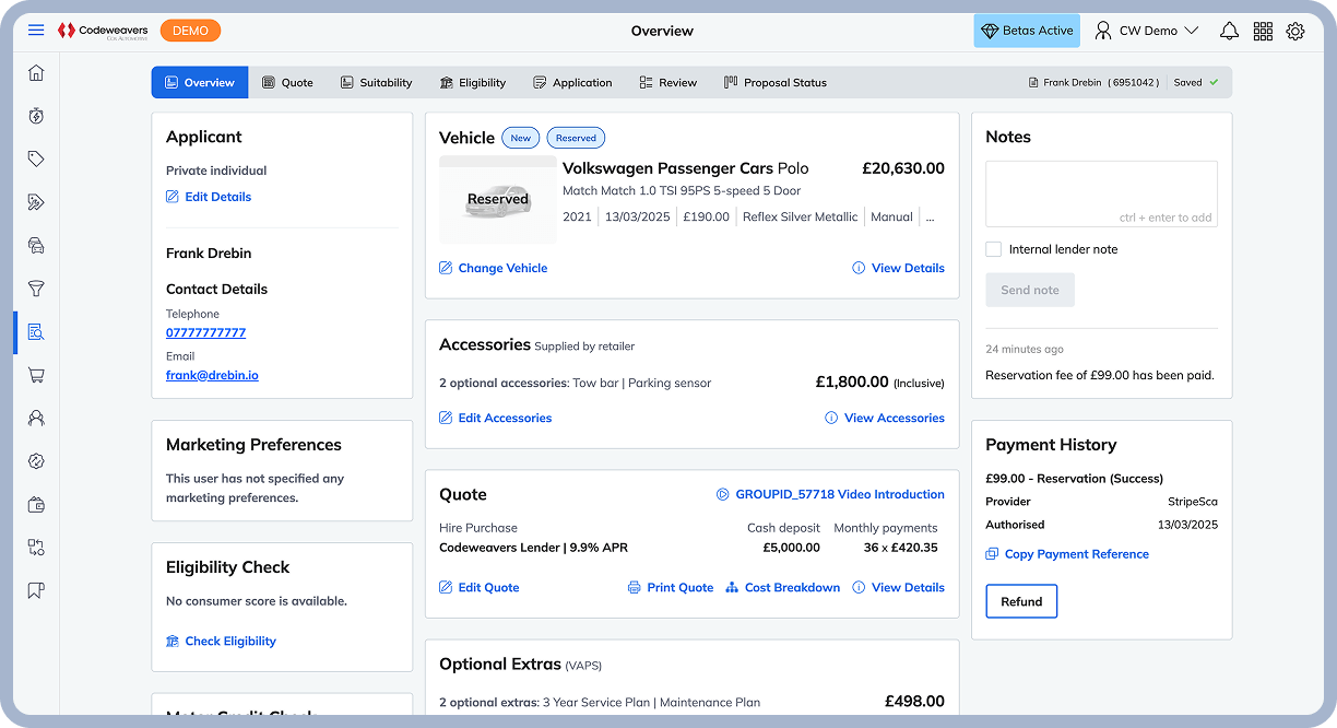 Screenshot of Codeweavers application dashboard showing vehicle reservation details, applicant information, quote, payment history, and optional extras for a Volkswagen Passenger Cars Polo.