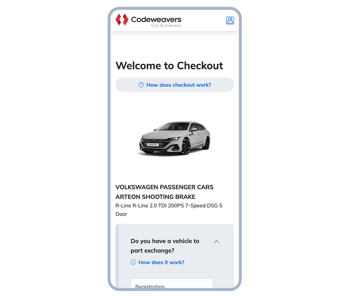Codeweavers’ mobile-optimised vehicle checkout with links to user guides and a part exchange valuation tool.