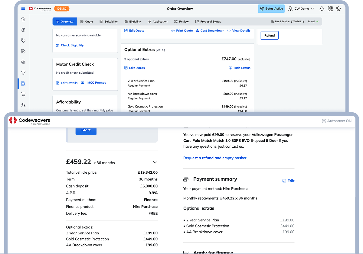 Overlayed images showing Codeweavers’ real-time data capture - a customer completing the payment section of Checkout and the same data displayed in the lead management system.