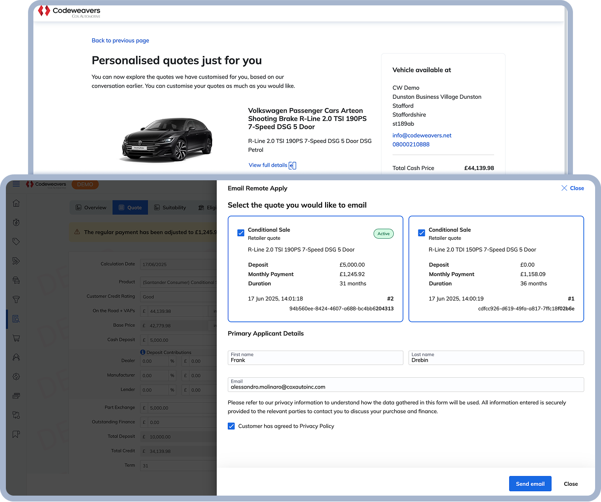 Overlayed images showing Codeweavers’ Remote Apply solution - two unique conditional sale quotes and the same quotes in a consumer-facing email.