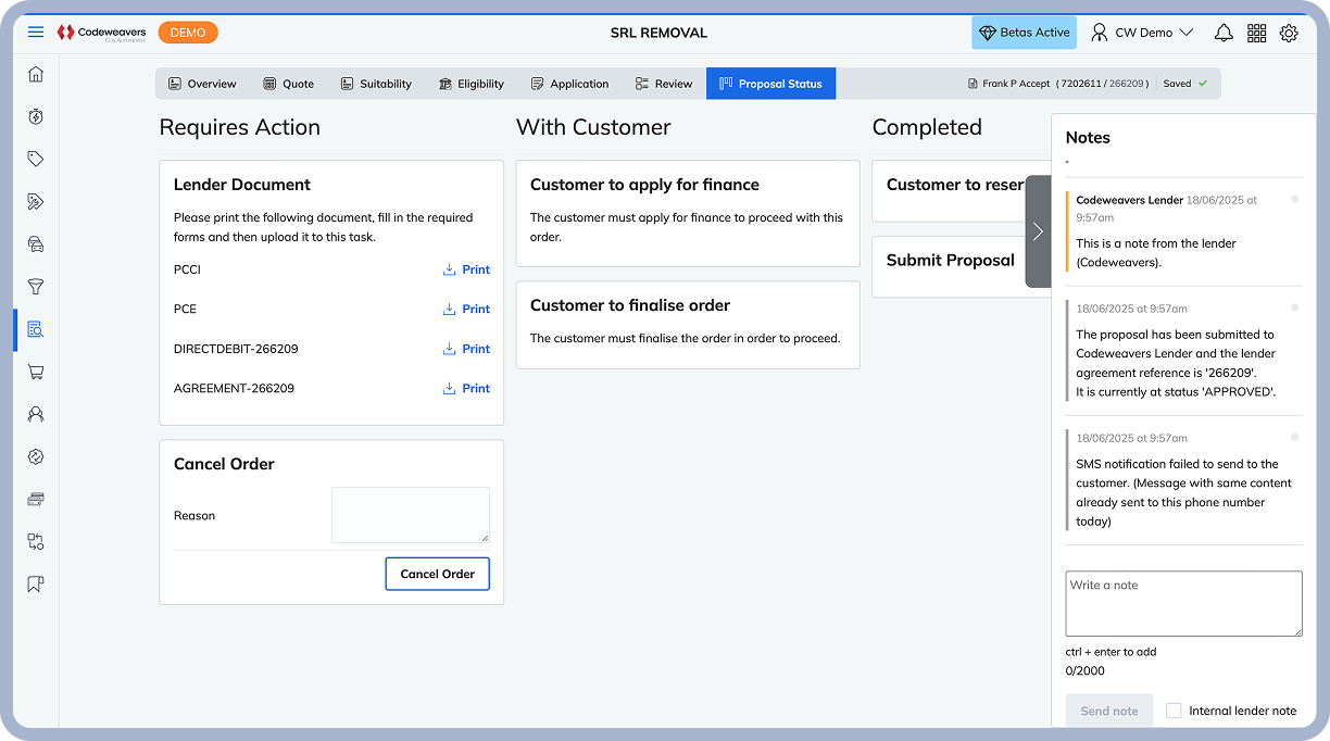 Kanban board showing a consumer application journey with tasks marked as requiring action and complete.