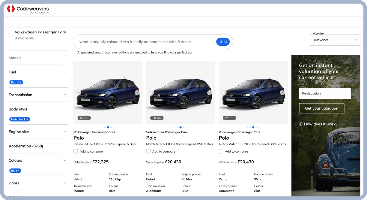 A retailer storefront showing three columns of customised vehicle listings, an imbedded part exchange tool and customised search filters.