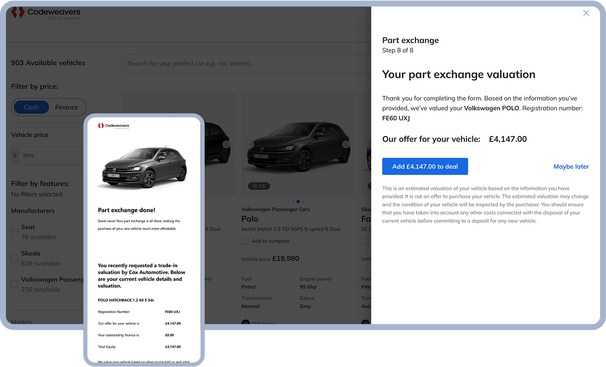 A screenshot of the Codeweavers part exchange valuation process. Desktop view shows an offer for a Volkswagen Polo and options to add the value to the deal or decide later. Mobile view displays confirmation of part exchange completion with vehicle details and valuation.