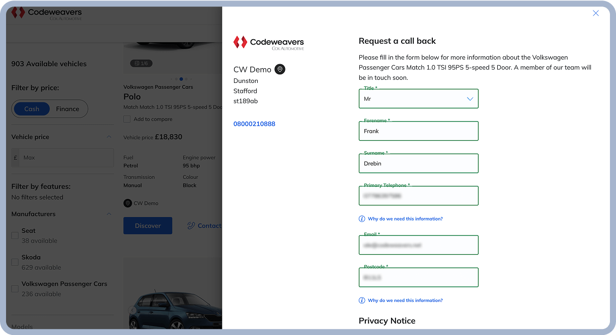 A slide-out interface showing Codeweavers' contact form with the Codeweavers logo, contact details including an example address and number, and a 'Request a call back' form with fields for personal information and a privacy notice.