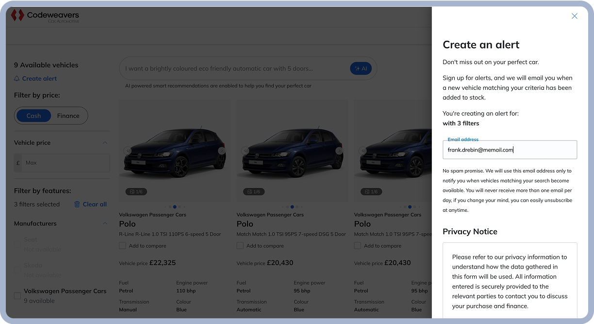 A slide-out interface showing Codeweavers' ‘Create an Alert’ solution with onboarding, fields to insert an email address and a privacy notice.
