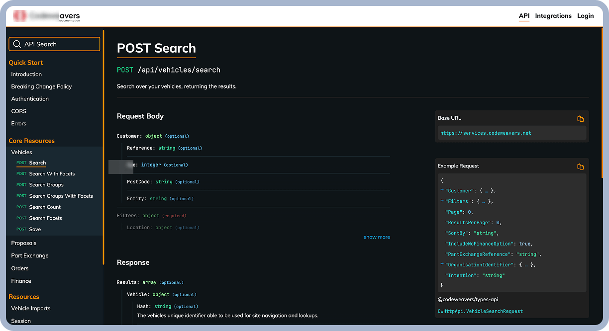 Screenshot of the Codeweavers API documentation showing the POST vehicle search endpoint, including request body, response format, and example code.