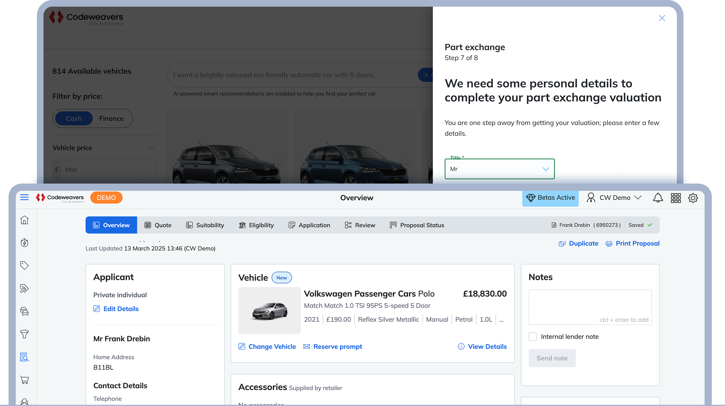 Two overlayed images demonstrating Codeweavers’ lead generation solution and the same lead within Codeweavers’ lead management system.
