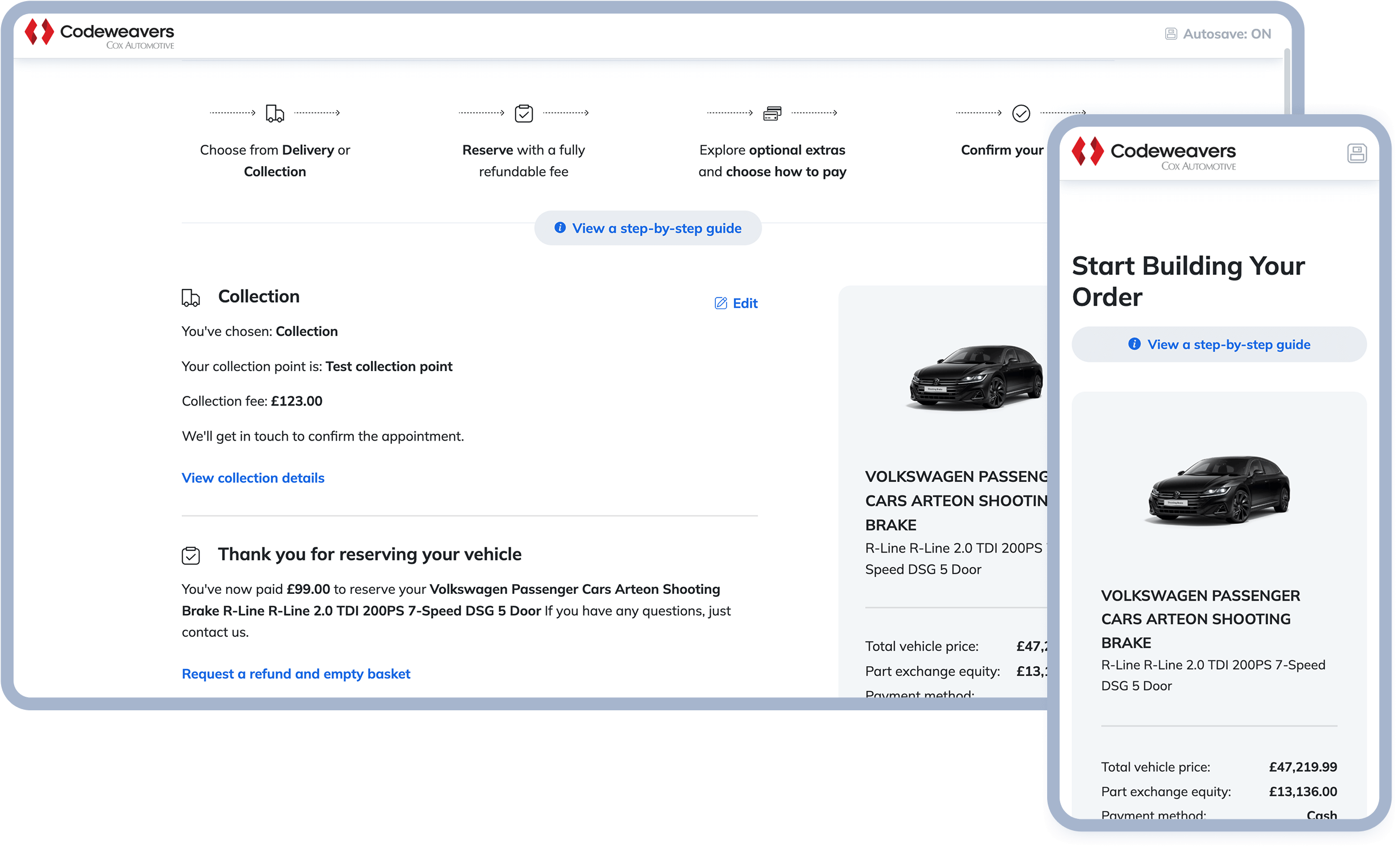 Overlayed screenshots of Codeweavers Checkout on desktop and mobile, both showing vehicle details, a CTA for a step-by-step guide,, and a breakdown of the Checkout journey. 
