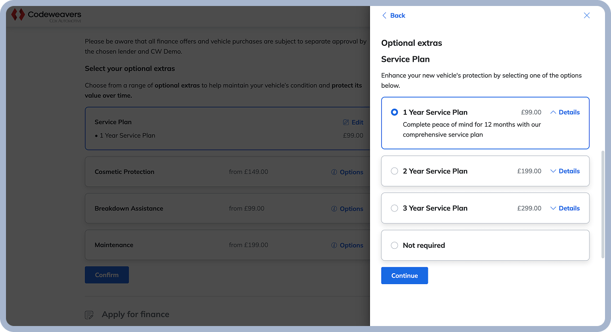 A slide-out interface showing Codeweavers' optional extras solution. Pricing is displayed for three services plans,  with the ability to view more details. 