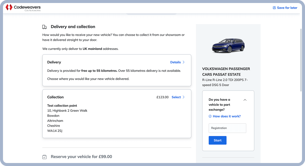 A screenshot of  Codeweavers’ Checkout on the Delivery and Collection module, showing onboarding, pricing,  options to view more details, save your position in the journey and add a part exchange to your deal.