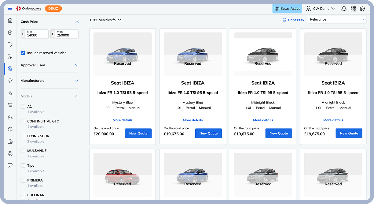 A screenshot of the Codeweavers inventory management system showing four columns of vehicle listings and their reservation status. 