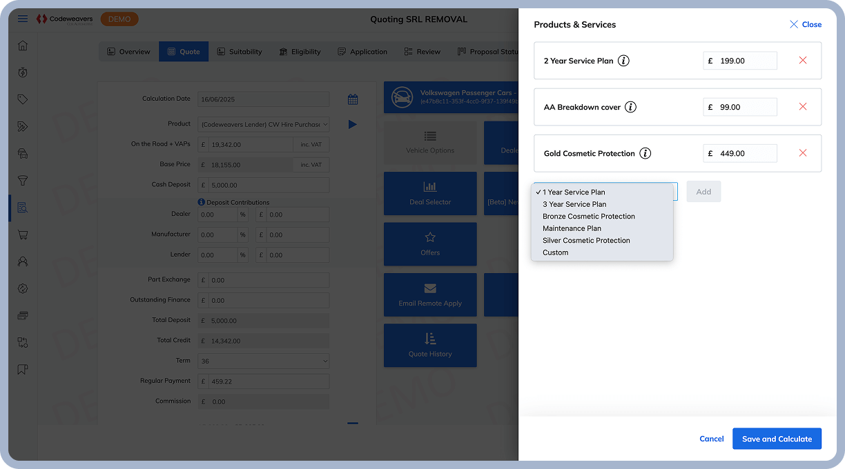 Retailer-facing interface showing Products & Services panel with selected add-ons and dropdown menu to add more options.