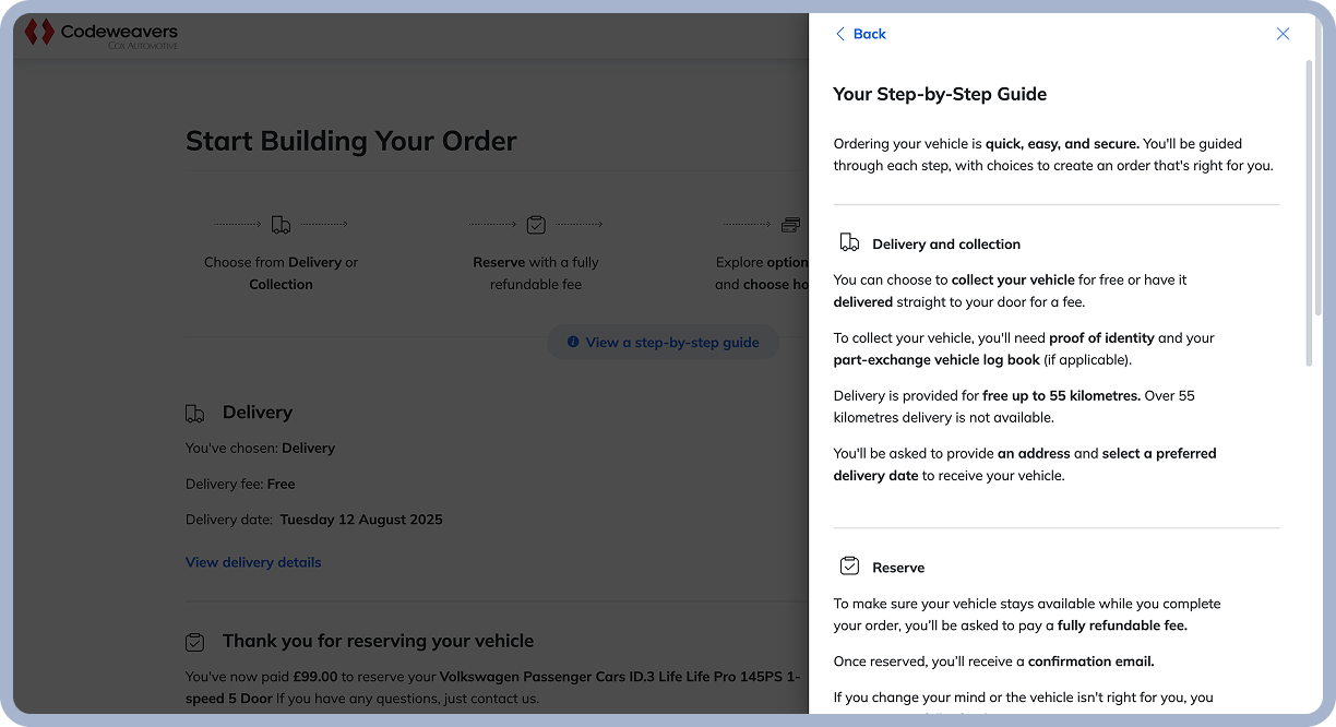 A slide-out interface showing Codeweaver’s Checkout Guide. The Checkout journey is divided into sections, with information about what you will need and what options you will have. 